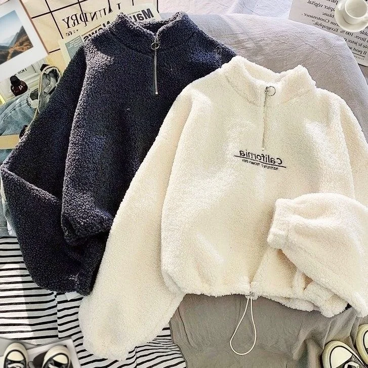 

Lamb Velvet Zipper Hoodie Women's Thickened Loose Korean Style Half High Collar Fleece Lined Autumn Winter Trendy Outerwear