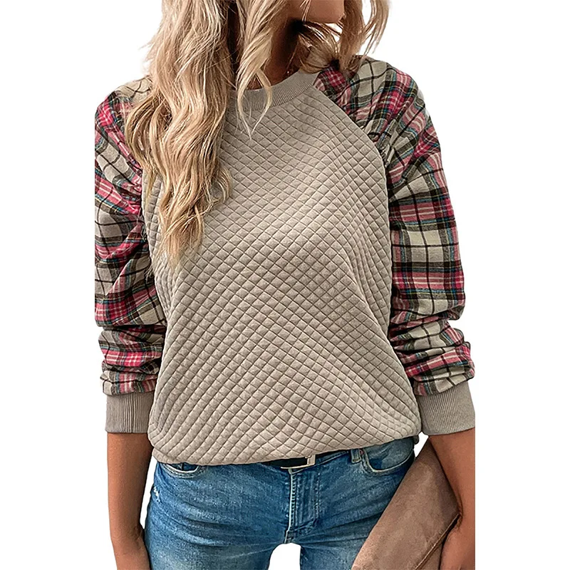 

Plaid Print Panel Textured Knit Raglan Sleeve Knitwear Long Sleeve Daily Pullovers for Women 2023 Spring Fall Graphic T Shirts