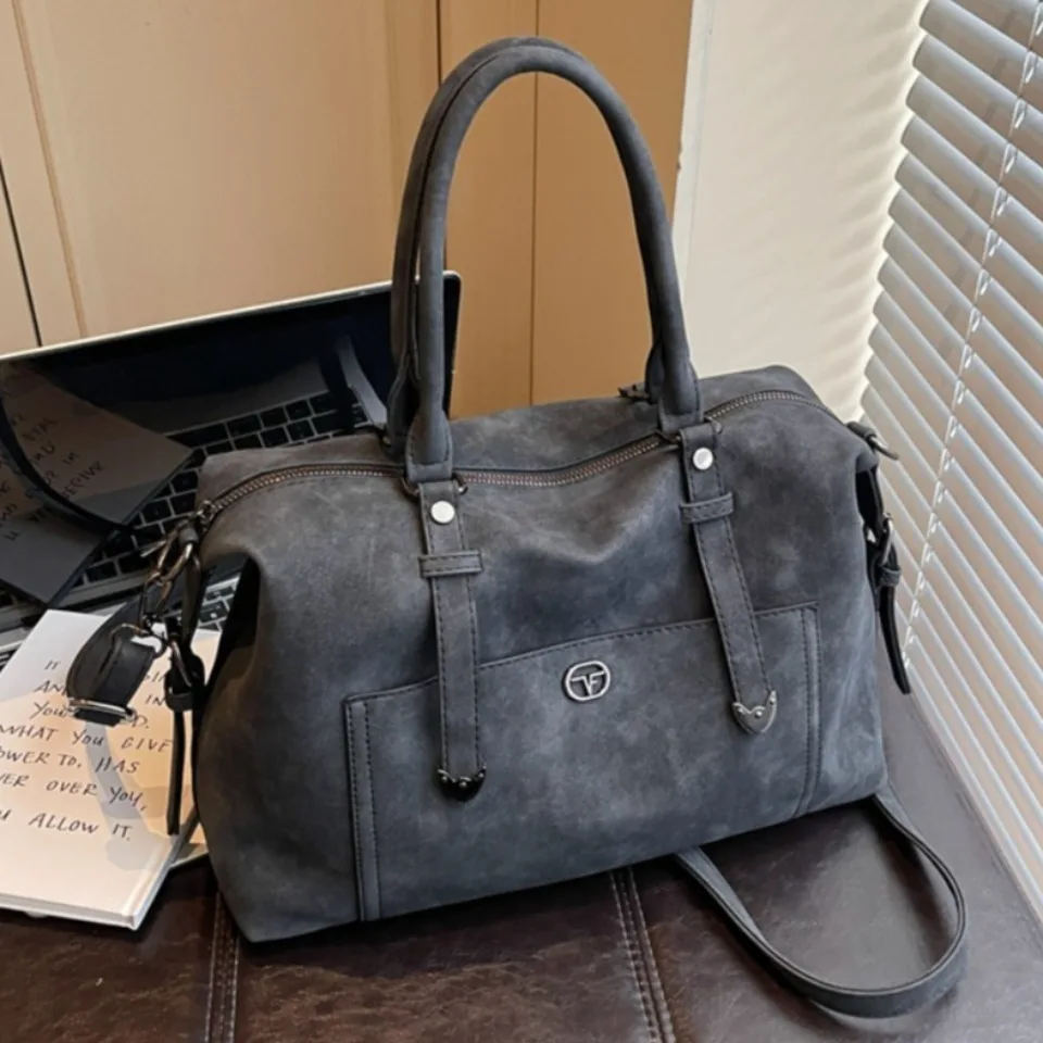 

Retro Soft Faux Suede Leather Large Capacity Boston Tote Bag Arrow Hardware Handbag Shoulder Crossbody Bags for Women Commute