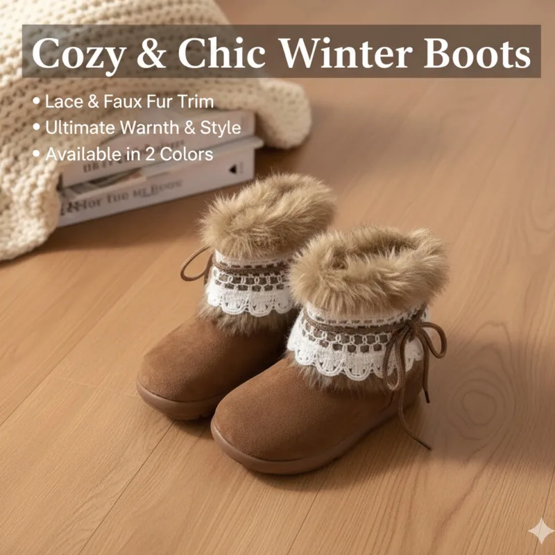 Vintage Bow Lace Fleece Snow Boots Women Winter Fashion Cozy Warm Flat Heel Round Toe Design Stylish Fall Winter Footwear New
