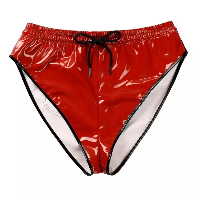 

Womens Sexy Drawstring Pink Red Thong Wet Look PVC Patent Leather Briefs Buckle Belted Panties for Pole Dancing Clubwear