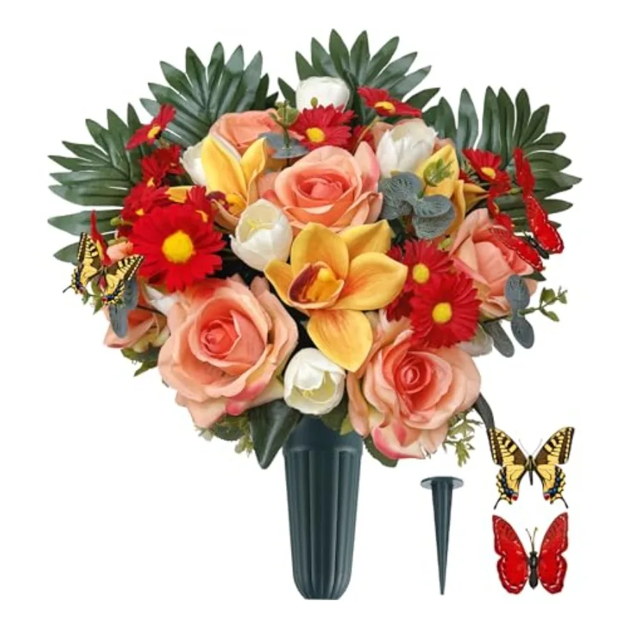 

Artificial Cemetery Flowers with Vase for Gravesites Decorations, Rose Cymbidium Tulip Daisy-Memorial Flowers Bouquet for Grave