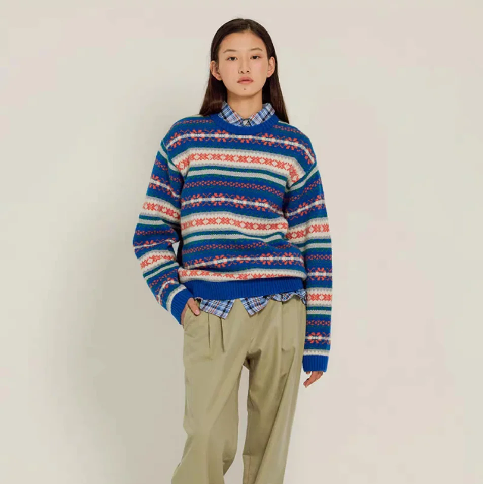 Sienne round Ne Maglione lavorato a maglia Ricamo pesante Casual Vestibilità ampia a righe Vintage Sle Collezione invernale esclusiva online