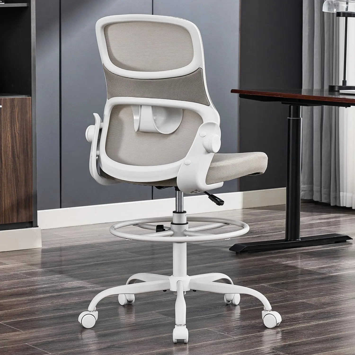 Armless Drafting Chair Tall Office Standing Desk Ergonomic Adjustable Height Swivel Rolling Mesh Back, Customized