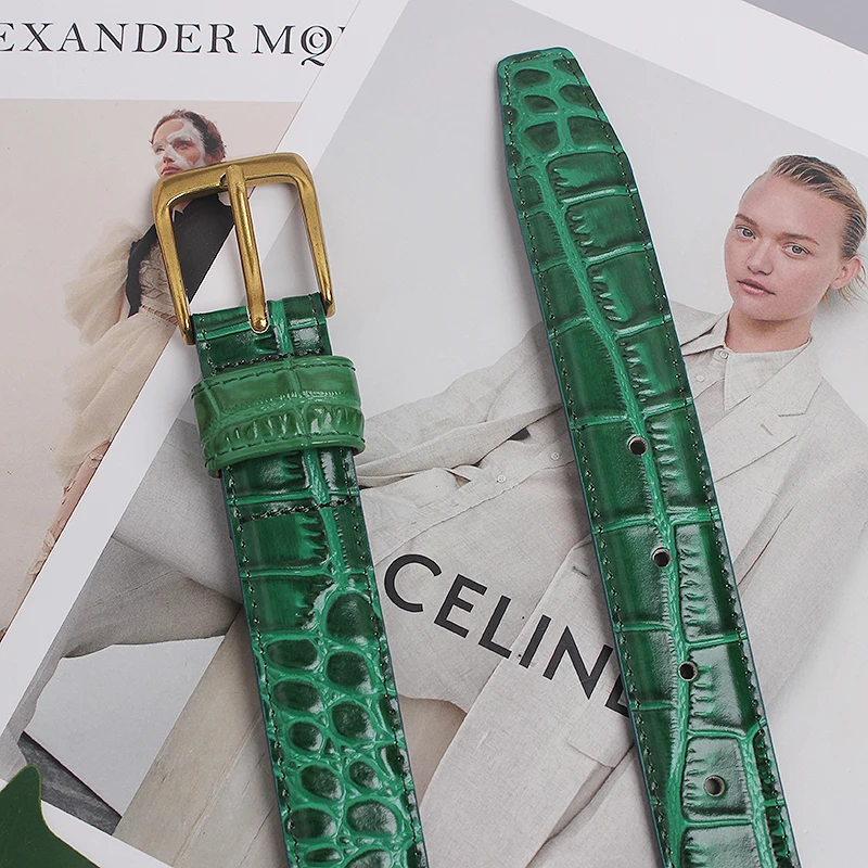 Women's Retro Simple Crocodile Pattern Leather Green Belts Female Belt Fashionable For Women Dress Decoration Waistband