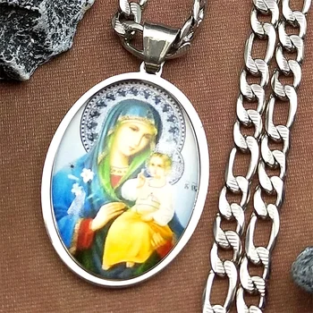 Virgin Mary & Baby Jesus Glass Pendant Necklace 1