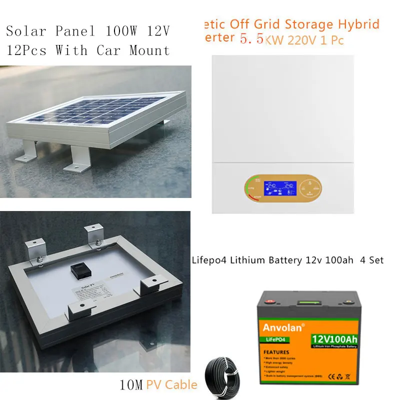 Solar Kit Complete With Lifepo4 Lithium Battery  Mount 5000W 5KW 220v Hybrid Inverter Off Grid System Car Caravan Camping Home