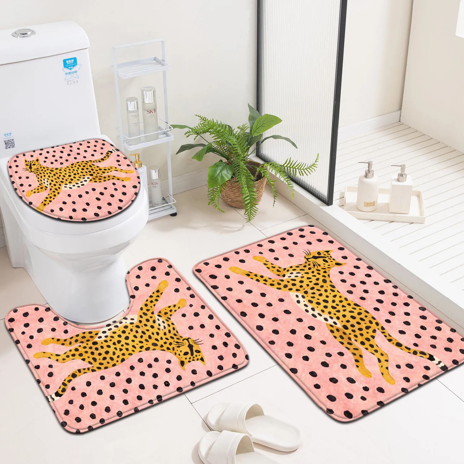 3pc Pink Leopard Print Bathroom Mat Set + Toilet Lid Cover | Non-Slip Soft Home Decor Carpet for Girls, Kids, Pet Lovers