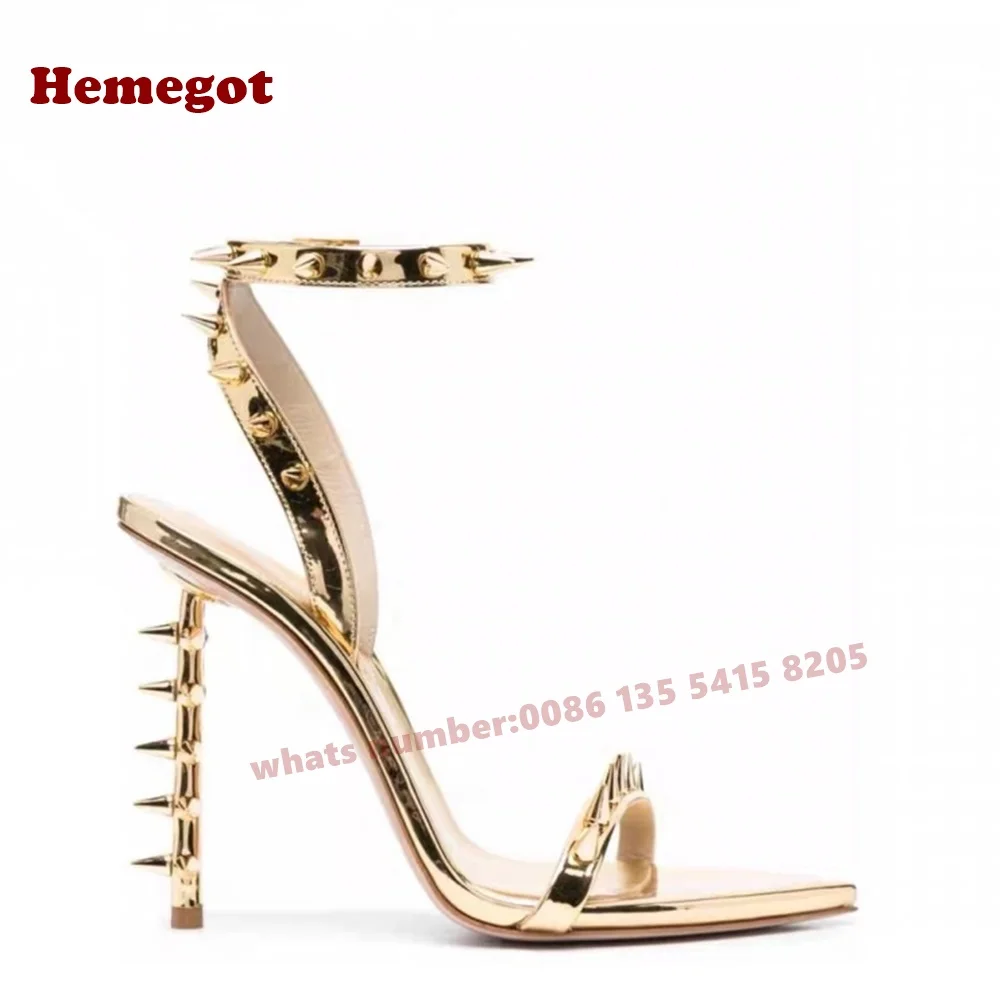 Black Studded Slingback Sandals Open Toe High Heels One Strap Buckle Women's Sandals Patent Leather Summer Casual Shoes 2025