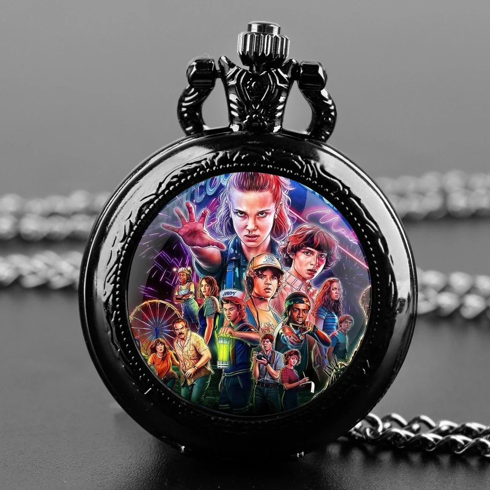 Stranger Thing-reloj de bolsillo de cuarzo con cúpula de cristal para hombre, mujer y niño, cadena con colgante, números arábigos, Estilo Vintage, famoso, regalo