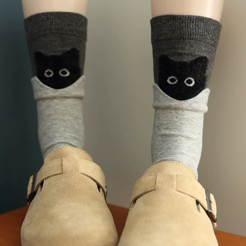 

Cute Cartoon Cat Socks Women Autumn Winter Cotton Middle Tube Block Cartoon Animal Pattern Comfortable Sleeping Home Floor Socks