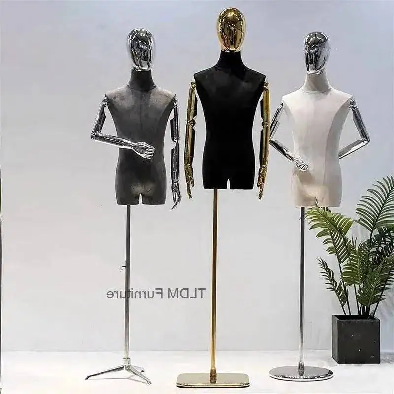 

Base Male Half-length Manikin Torso with Silver Head Korean High-end Clothing Store Velvet Mannequin with Metal Display Model W
