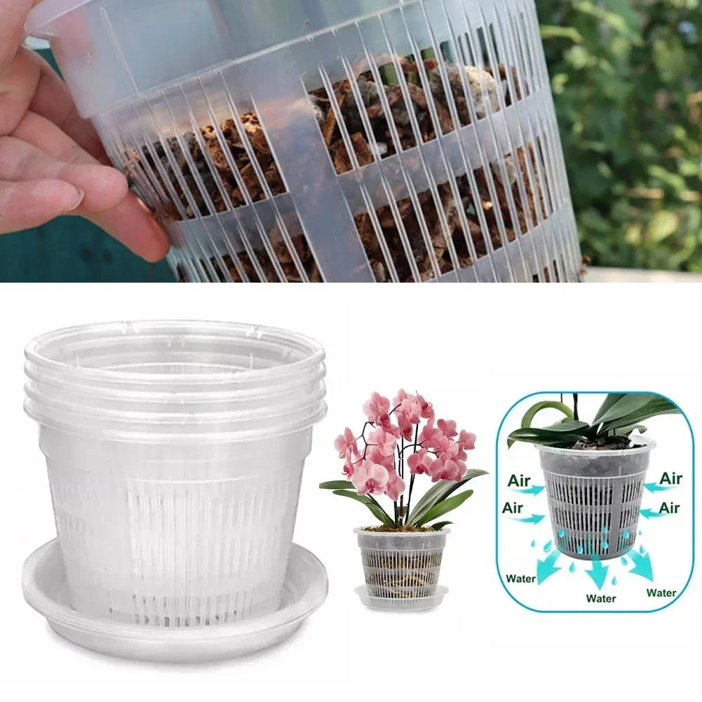 5pcs Orchid Pot With Saucers Plastic Clear Flower Plant Repotting Pot With Holes Mesh Pot Root Control Orchid Flower Breathable