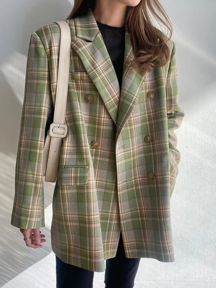 

Autumn Vintage Loose Women Jacket Plaid Blazer Elagant Chic Double Breasted Female Ladies Blazer Business Workwear Coat New