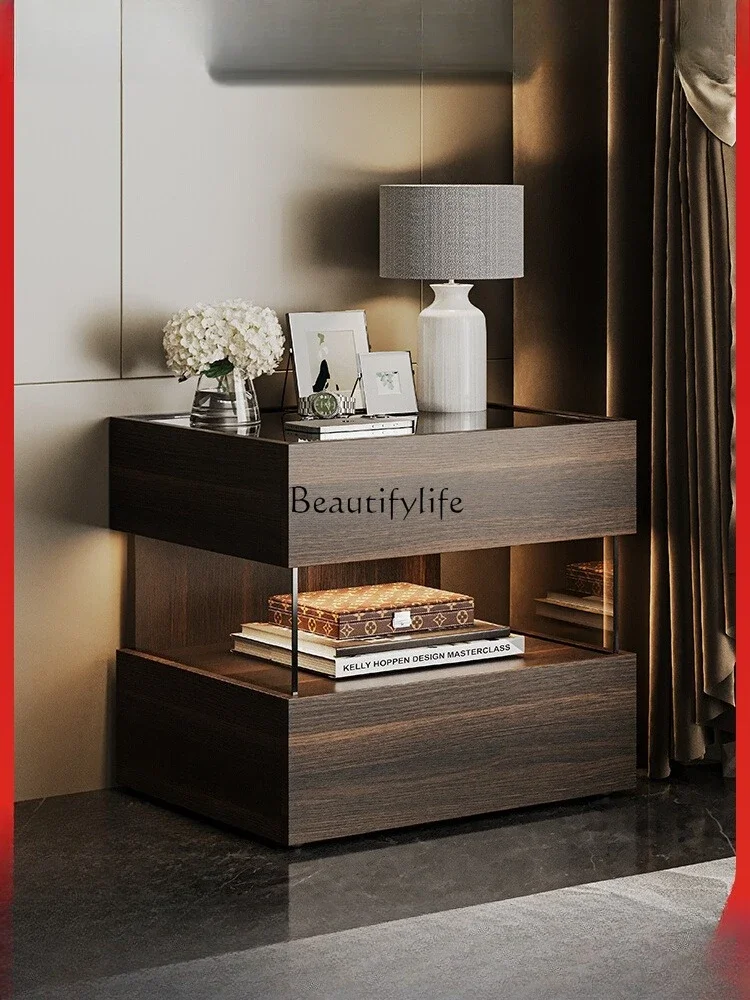 

FG10*Italian minimalist bedside table solid wood light luxury high-end floating storage cabinet with lamp