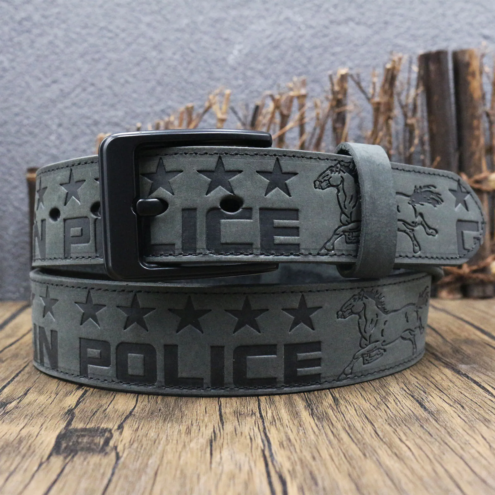 Men Retro Full Grain Cowhide Belt Skull Cross Gun Embossed Carved Pattern Heavy Duty Jeans Waist Belt