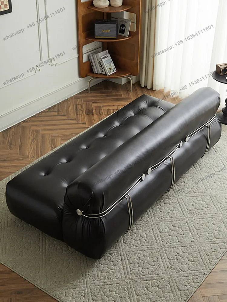 Italian leather sofa living room small apartment modern simple medieval double straight row