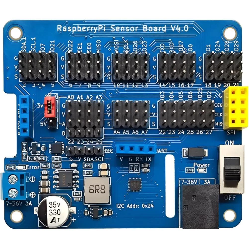 8-CH ADC IO 2-CH PWM or 2-CH Servo HAT for Raspberry Pi, Sensor Expansion Board, 7-36V Input, Switchable 3.3V/5V, GPIO Shield