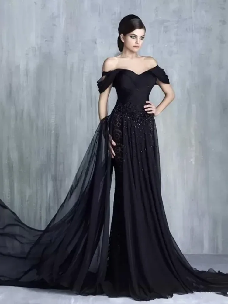 

2025 Black Evening Party Dresses Noble Elegant Fashion Watteau Floor Length Off-the-shoulder Fashion Women Prom Gowns Party