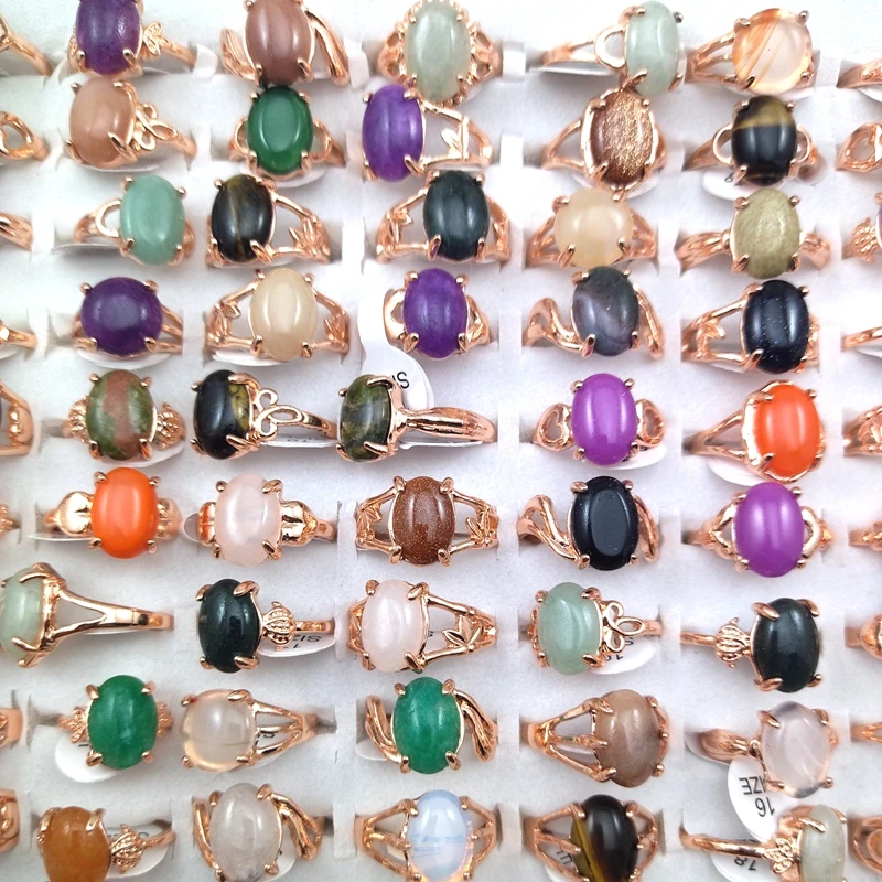 

XiaoYaoTYM Rose Gold Plated Mixed Colors Natural Stone Rings 50pcs/lot For Women