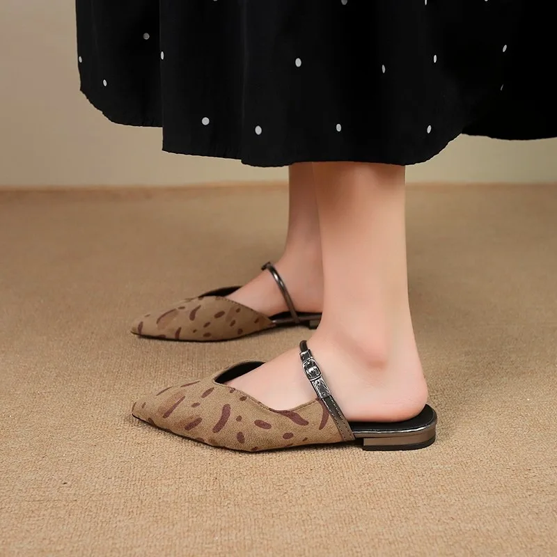

Slippers with One Belt Baotou Autumn New Pointed Toe Shallow Suede Soft Sole Non-slip Low-heeled Shoes