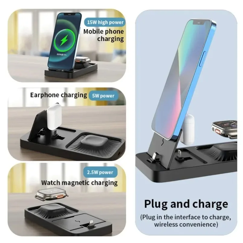 3 in 1 Wireless Charger Stand Multi Safety Protection 15W Fast Charge Anti-slip for iPhone 17 16 15 14 13 12 Watch AirPods view 5