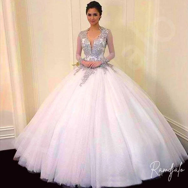 ชุดบอลสีขาว Quinceanera เดรส Shine ใหม่หวาน16 V คอ Tulle สำหรับ15ปี Backless แขนยาวลูกปัด Vestido de 17 Aanos