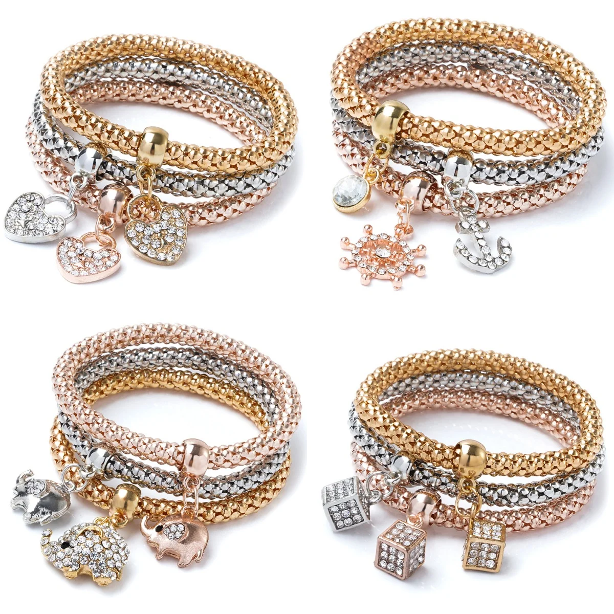 3 PCS Set Heart Lock Key Music Sign Charm Bracelet Owl Rose Gold Plating Silver Color Chain Owm Charm Bangle Jewelry Set