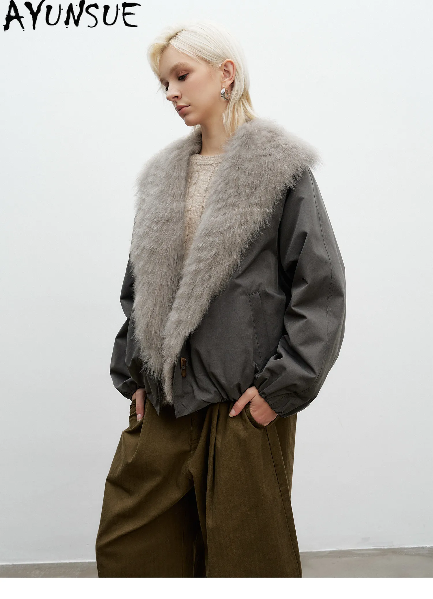 AYUNSUE White Goose Down Women Warm Winter Clothing Real Fox Fur Collar Down Jacket Loose Fit Fashion Short 2026 Пальто Женское