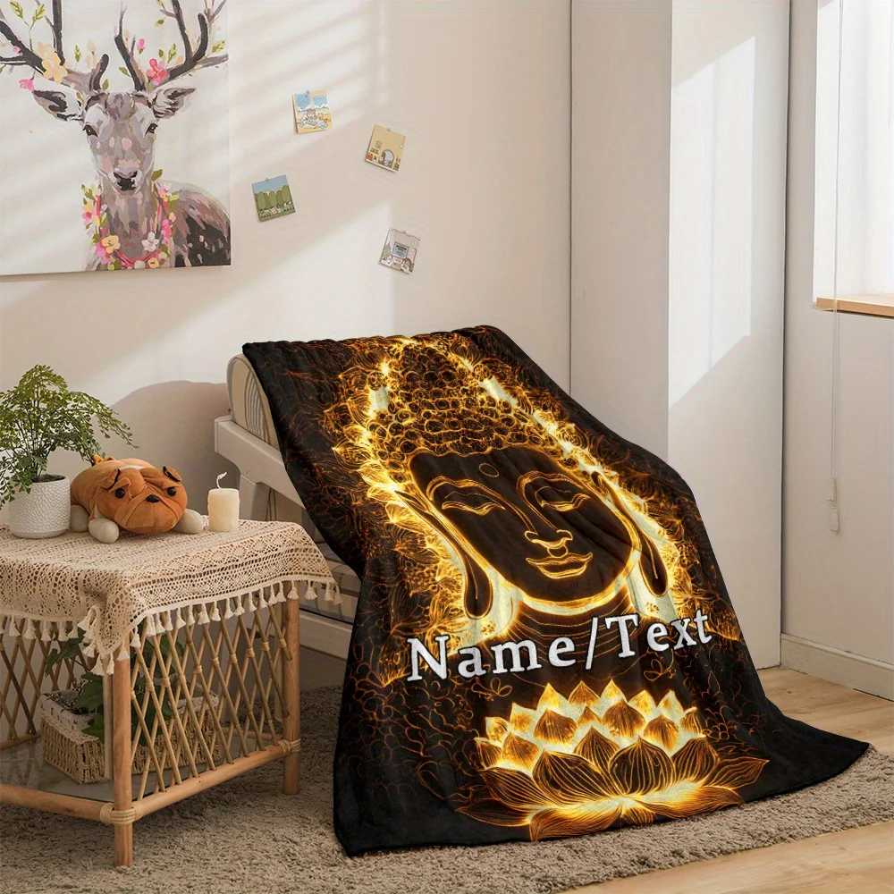 اسم مخصص حالمة الذهب بوذا بطانية خفيفة الوزن الفانيلا الفراش المنزلي مع تصميم لوتس لينة ودافئة الرقمية المطبوعة