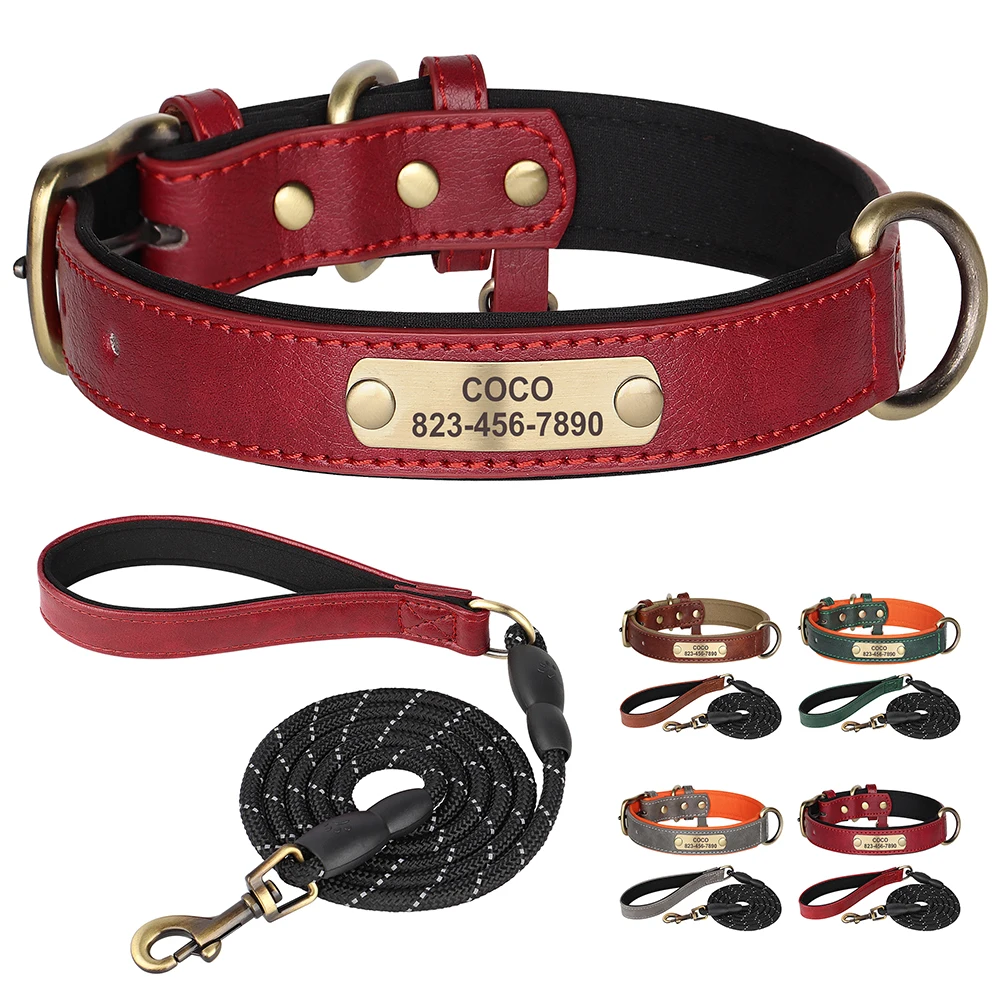 Personalized Dog Collar Leash Set Custom PU Leather Dogs Tag Collars Free Engraved Nameplate For Small Medium Large Dogs Pitbull