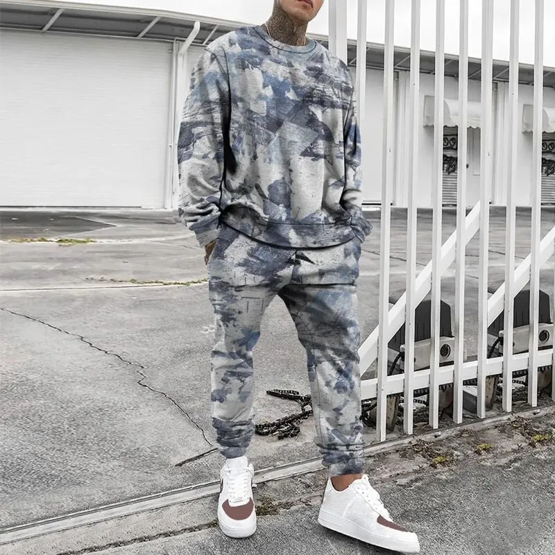 Fashion Line 3D Print Men\'s Sportswear Set  Street Wear Long-Sleeved T Shirt Pants 2-Piece Set Oversized Pullover Men Clothing