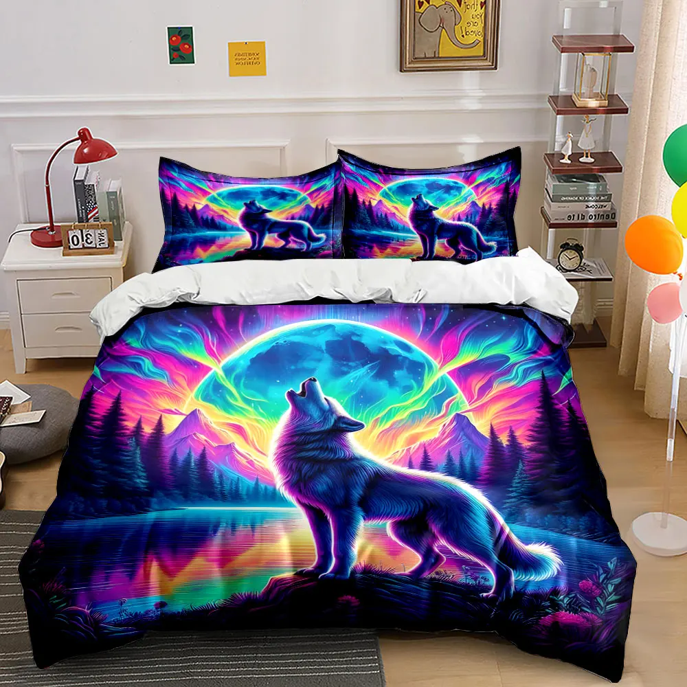 Lone wolf howling under magical aurora Print Bedding set 3PC 1 duvet cover 2 pillowcases adult and children bedding set Luxury