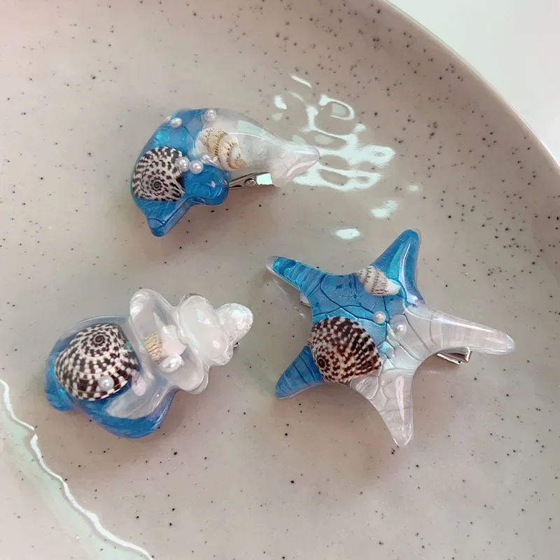 Beautiful Conch Hair Clips Blue Ocean Animal Starfish Dolphin Conch Alligator Clip Headwear Woman Hair Accessories