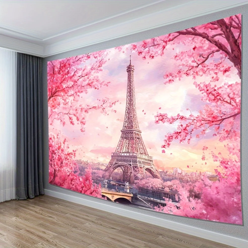 

1pc Eiffel Tower & Pink Cherry Blossoms Tapestry - Polyester Wall Hanging, Versatile Living Room Decor for Parties, No