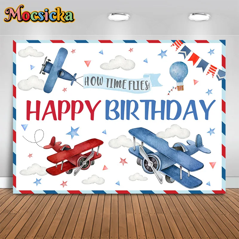 Mocsicka Boys Happy Birthday Party Photography Backdrop Aeroplane White Cloud Background Baby Show Cake Smash Photo Banner Photo