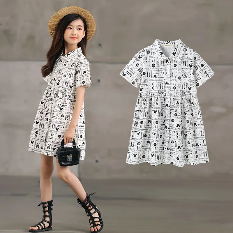 2024 Korean Summer Junior Girl One-piece Dress Elementary Girl Full Print Small-waisted Dress School Girl Single-breasted Dress