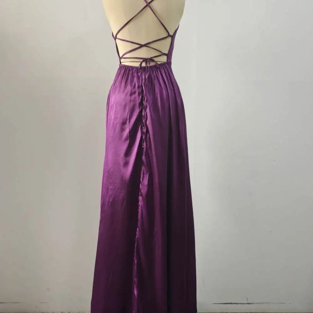 Sleeveless Long Bridesmaid Gown Spaghetti Strap Backless Solid Color Sweep Train Formal Evening Party Wedding Dress