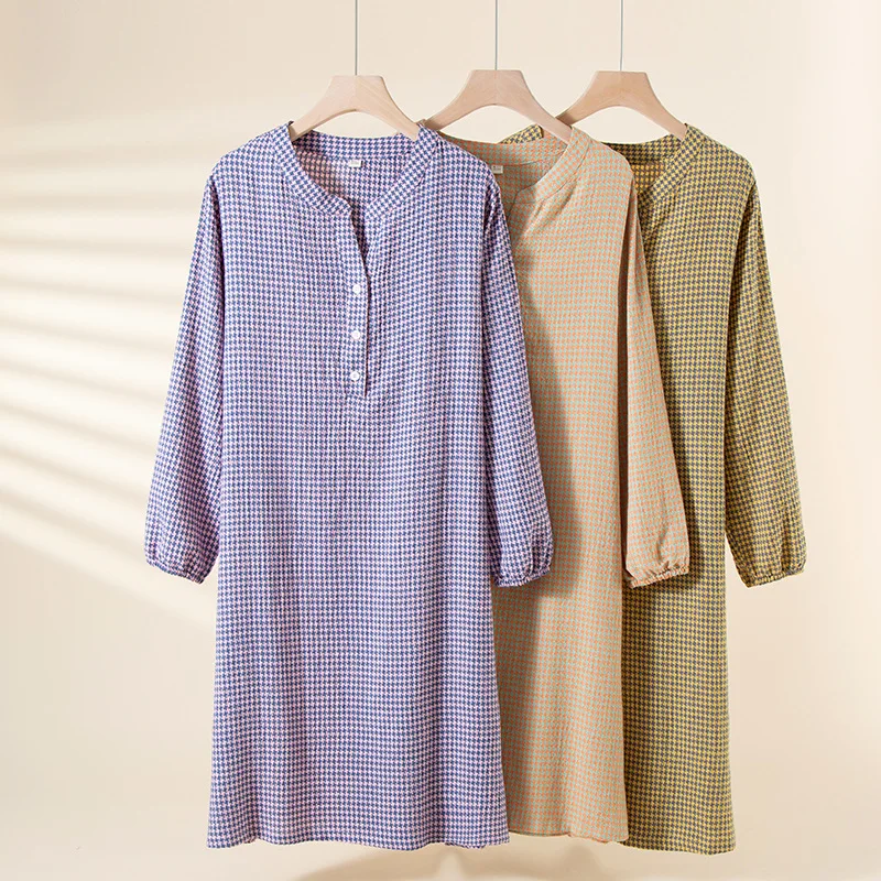 Women Casual Plaid Night Dress Ladies 100% Cotton Nightgown Female Four Season Long Sleeve Simple Sleepshirts Home Dress