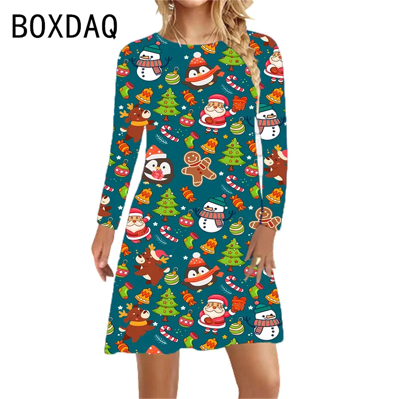 Autumn Winte New Women Christmas Dress Long Sleeve O-Neck Casual Loose Tops 3D Fun Santa Claus Print Dress Vestidos De Mujer