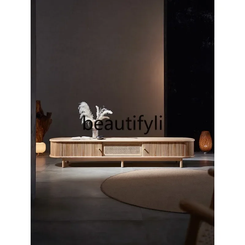 

Nordic Solid Wood Rattan Woven Glass Natural Wood Creative Roller Shutter Door Vintage TV Cabinet Small Apartment