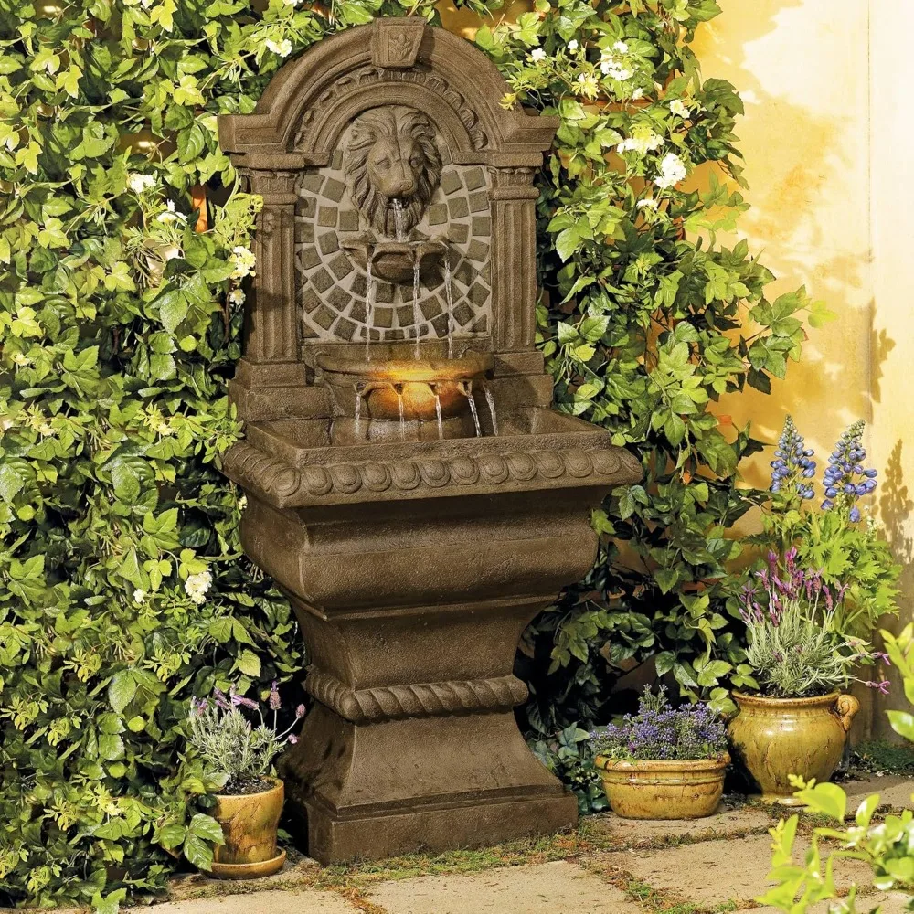 

Royal Lions Head 51 High Large Italian Outdoor Decor Faux Stone Floor Fountain with Light Statue Waterfall Standing Tiered Water