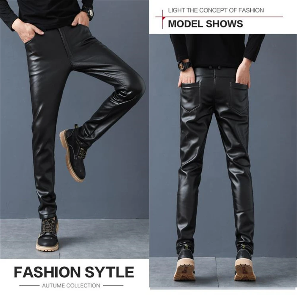 Autumn Men Leather Pants Velvet Skinny Fit Elastic Style Pu Leather Trousers Motorcycle Pants Thick Streetwear Slim Capris