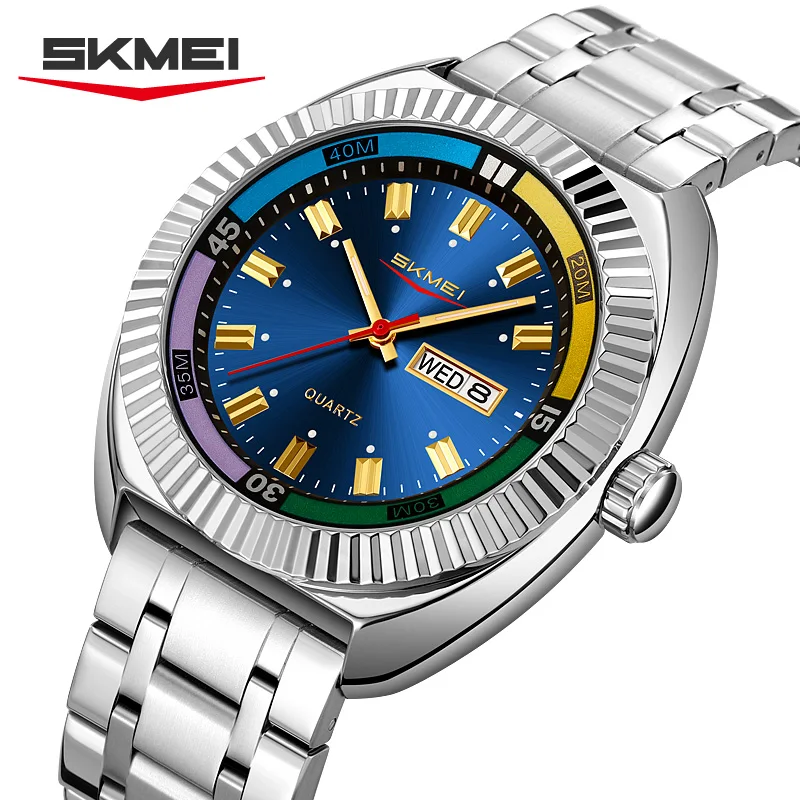 SKMEI 9353 Luxury Colorful Classic Male Quartz Movement Alloy Stainless Steel Watch Business Men Wristwatches Clock Hands Gift