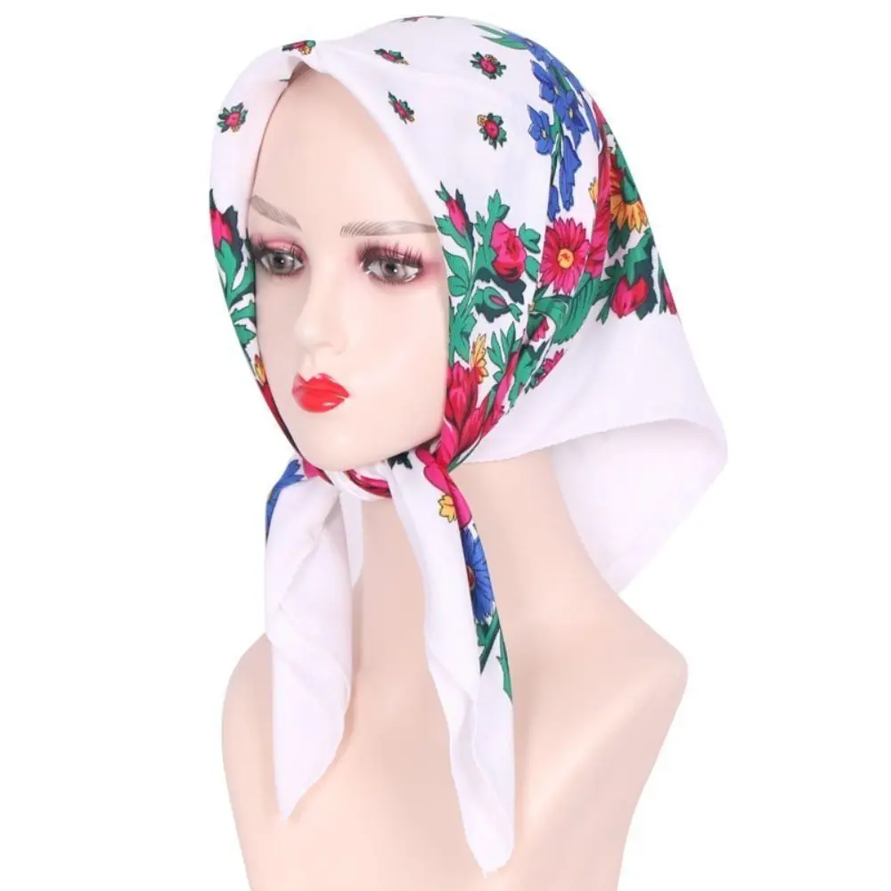 Sunscreen Rose Flower Print Head Scarf High Quality Ethnic Style Square Headwraps Polyester Square Shawl