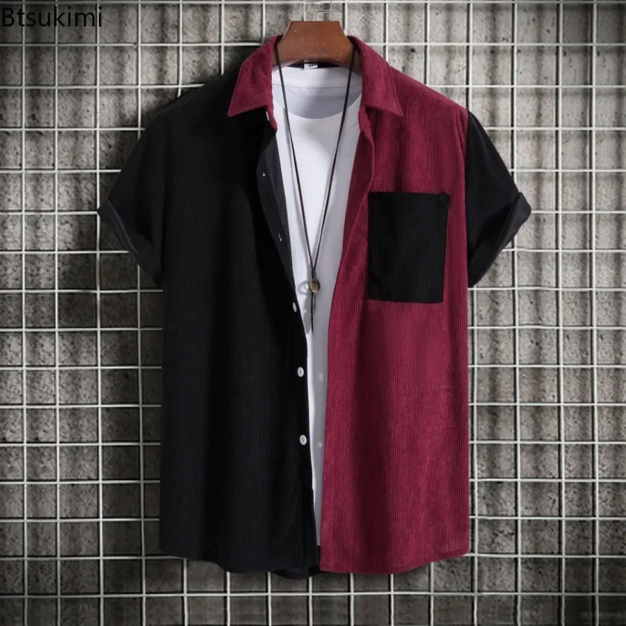 2026 New Men's Corduroy Short Sleeve Shirts Fashion Patchwork Lapel Striped Shirts Coats Men Casual Loose Colorblock Tops Blouse