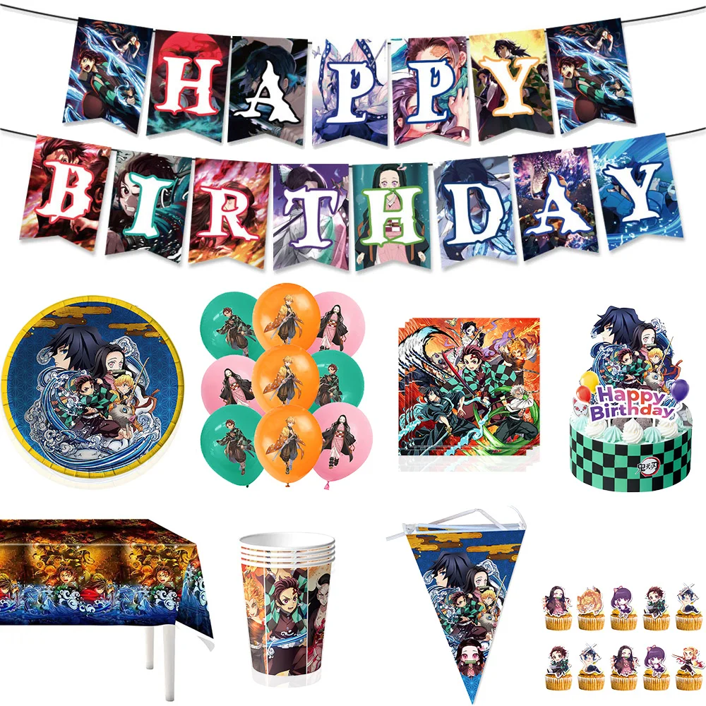

Demon Slayer Birthday Decorations Kimetsu No Yaiba Themed Anime Balloons Cake Toppers Keychains Kids Birthday Gifts Baby Shower