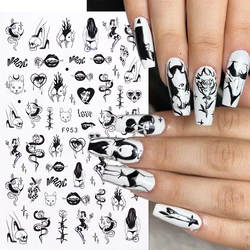 1PCS Dark Animal Devil Nail Stickers Nail Accessories Black White Flowers Butterfly 3D Stickers Nail Art Decals Press on Nails