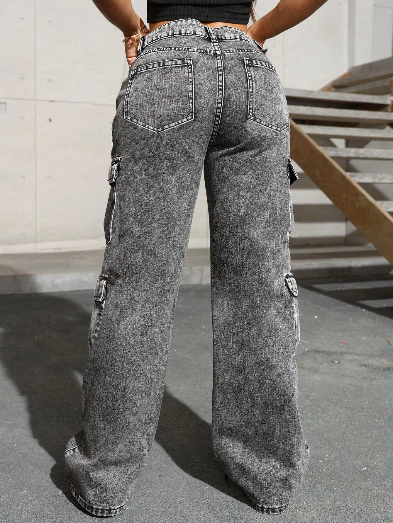 Washed Irregular Jeans Women's Multi Pocket Versatile Cargo Pants Fashionable Mid Waist Youth High Street Straight Leg Pants