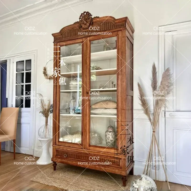 French Retro Solid Wood Wine Cabinet American Country Living Room Wall Display Glass Cabinet for Villa Hotel B&B Customizable